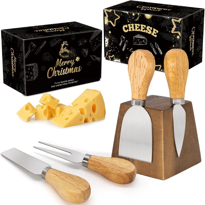 HEORIM Cheese Knife Set for Charcuterie - 4 Small Stainless Steel Cheese Knives and Fork with Magnetic Acacia Wood Holder - Charcuterie Board Accessories - Image 1
